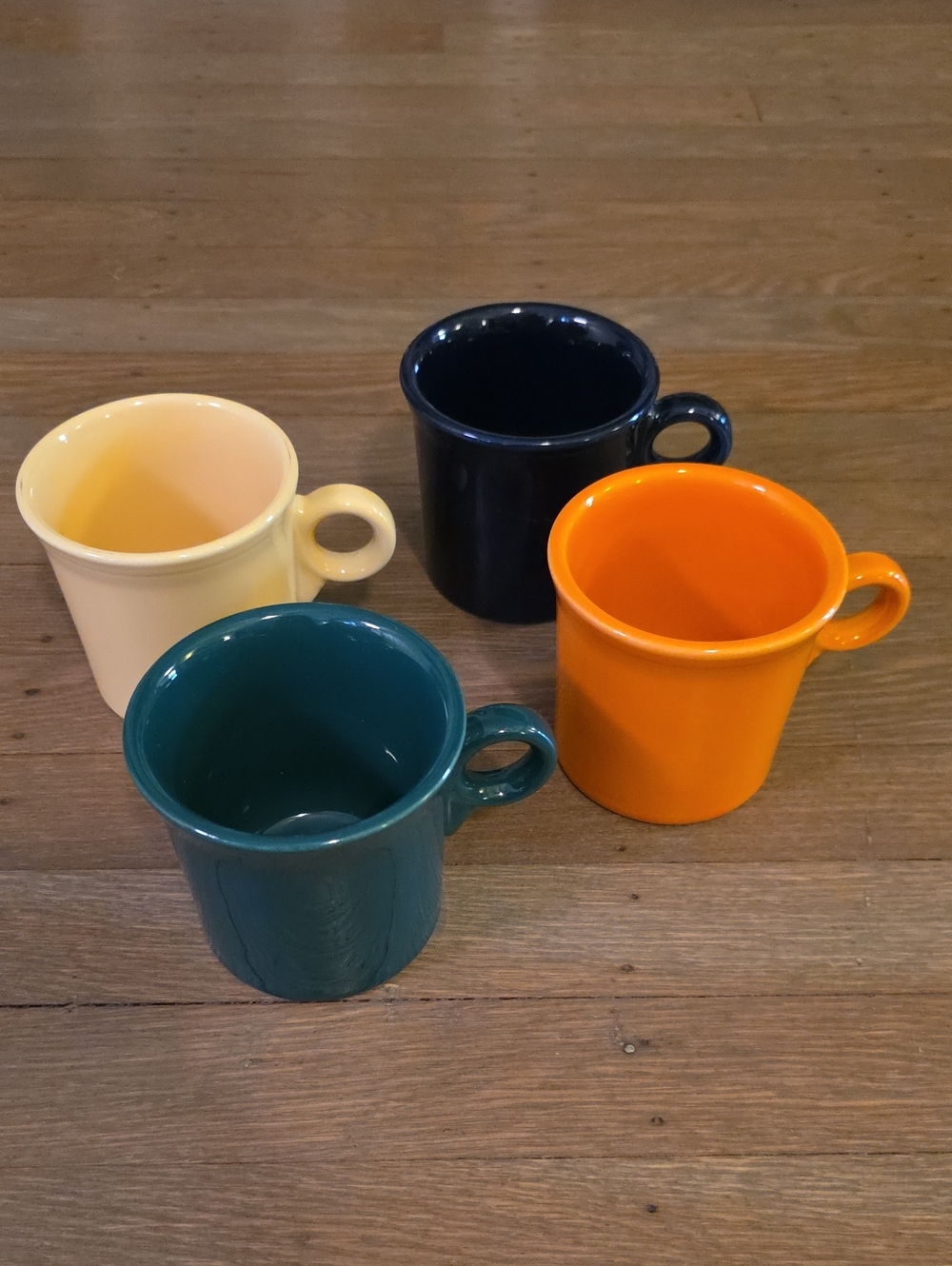 Fiesta HLC USA Ceramic Mugs in Yellow, Navy, Green & Orange - Set of 4. Vintage